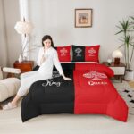 Erosebridal Couples Comforter Set King Size,King and Queen Crown Bedding Set for Couple Bedroom Decor,Red and Black Patchwork Quilt,Valentines Anniversary Wedding Bed Set 2 Pillowcases,Lightweight