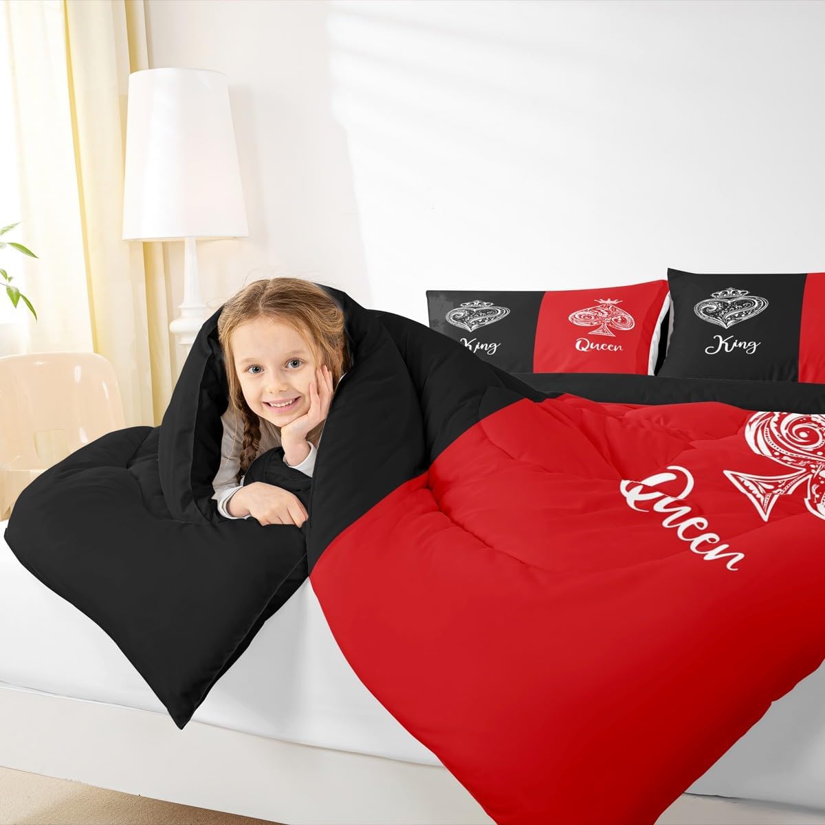 Erosebridal Couples Comforter Set King Size,King and Queen Crown Bedding Set for Couple Bedroom Decor,Red and Black Patchwork Quilt,Valentines Anniversary Wedding Bed Set 2 Pillowcases,Lightweight