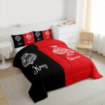 Erosebridal Couples Comforter Set King Size,King and Queen Crown Bedding Set for Couple Bedroom Decor,Red and Black Patchwork Quilt,Valentines Anniversary Wedding Bed Set 2 Pillowcases,Lightweight