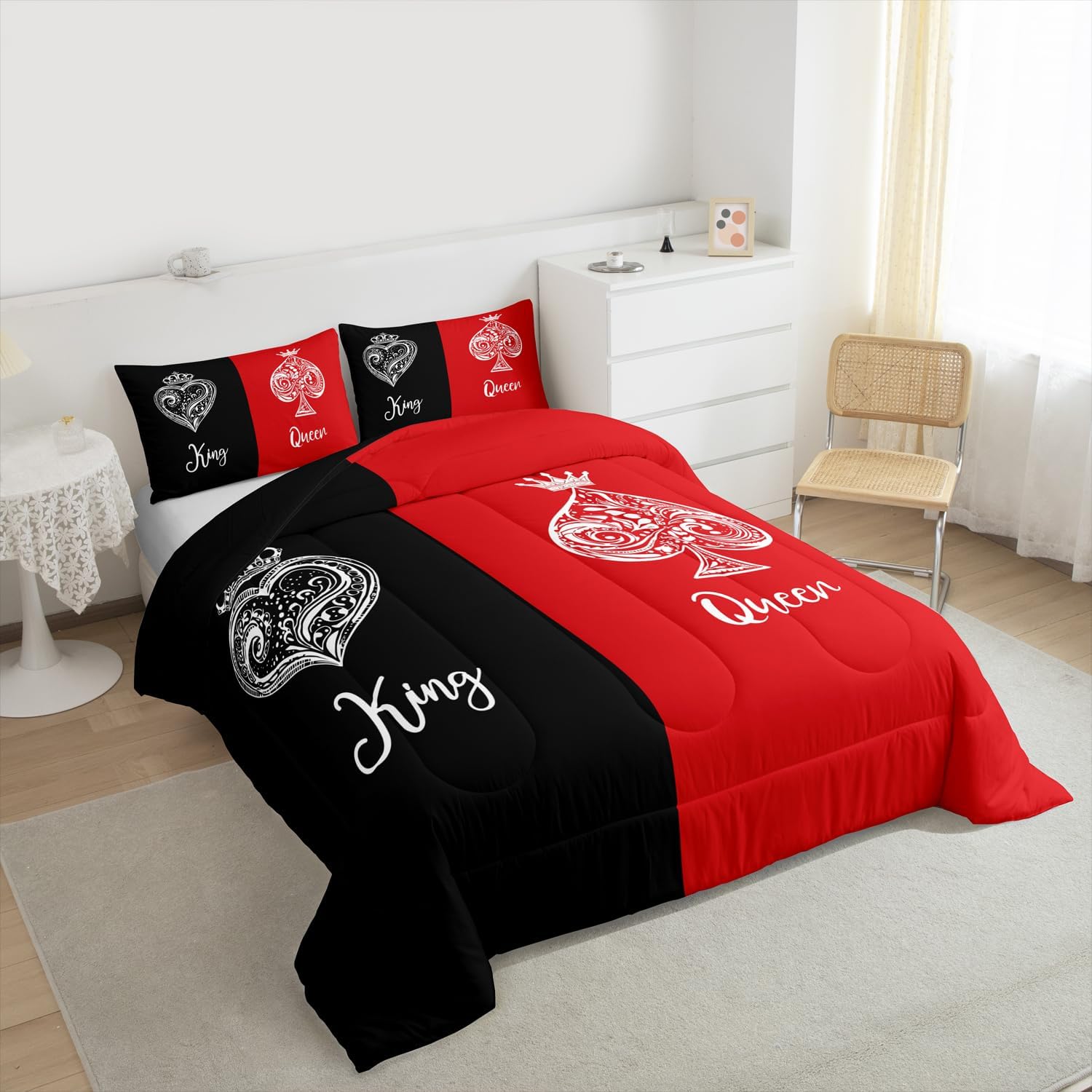 Erosebridal Couples Comforter Set King Size,King and Queen Crown Bedding Set for Couple Bedroom Decor,Red and Black Patchwork Quilt,Valentines Anniversary Wedding Bed Set 2 Pillowcases,Lightweight