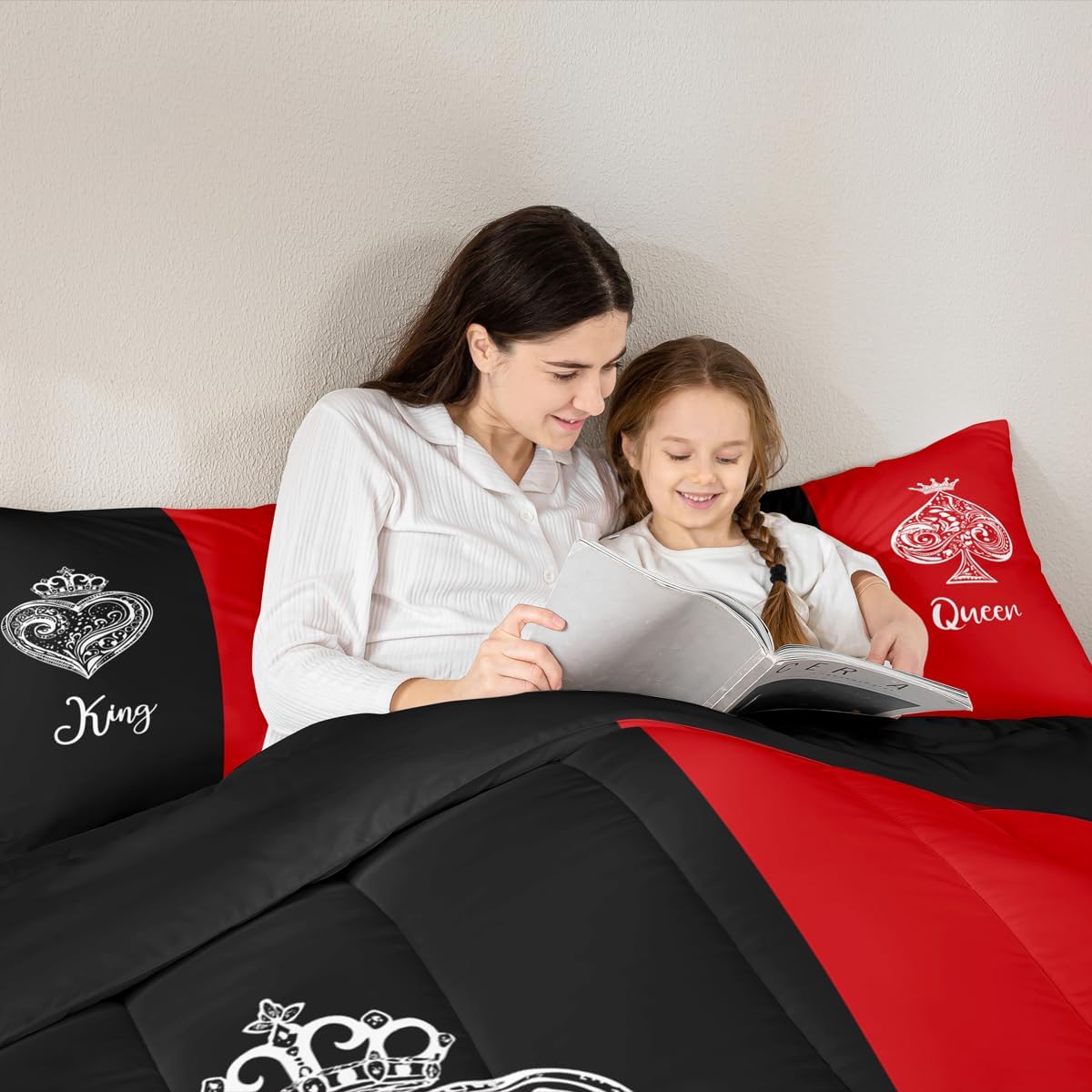 Erosebridal Couples Comforter Set King Size,King and Queen Crown Bedding Set for Couple Bedroom Decor,Red and Black Patchwork Quilt,Valentines Anniversary Wedding Bed Set 2 Pillowcases,Lightweight