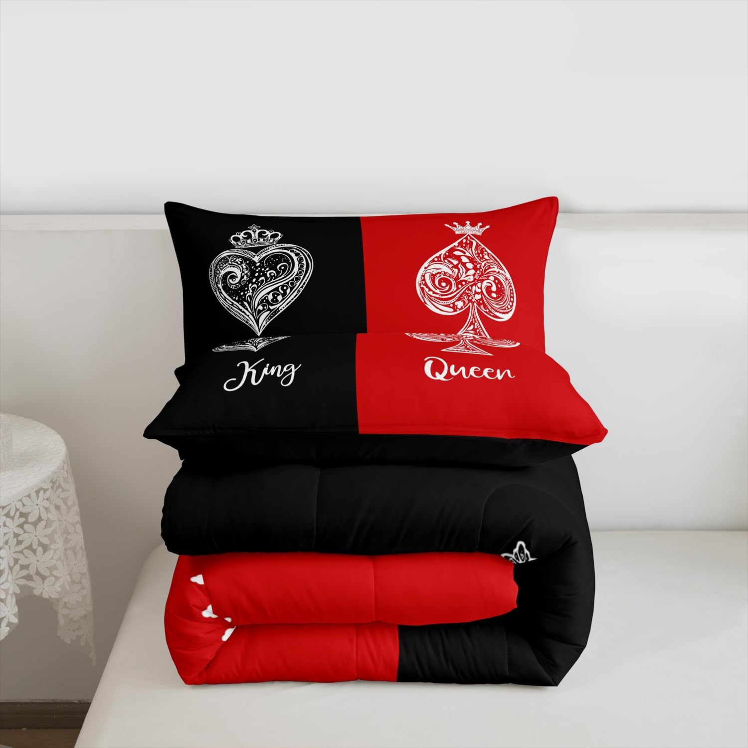 Erosebridal Couples Comforter Set King Size,King and Queen Crown Bedding Set for Couple Bedroom Decor,Red and Black Patchwork Quilt,Valentines Anniversary Wedding Bed Set 2 Pillowcases,Lightweight