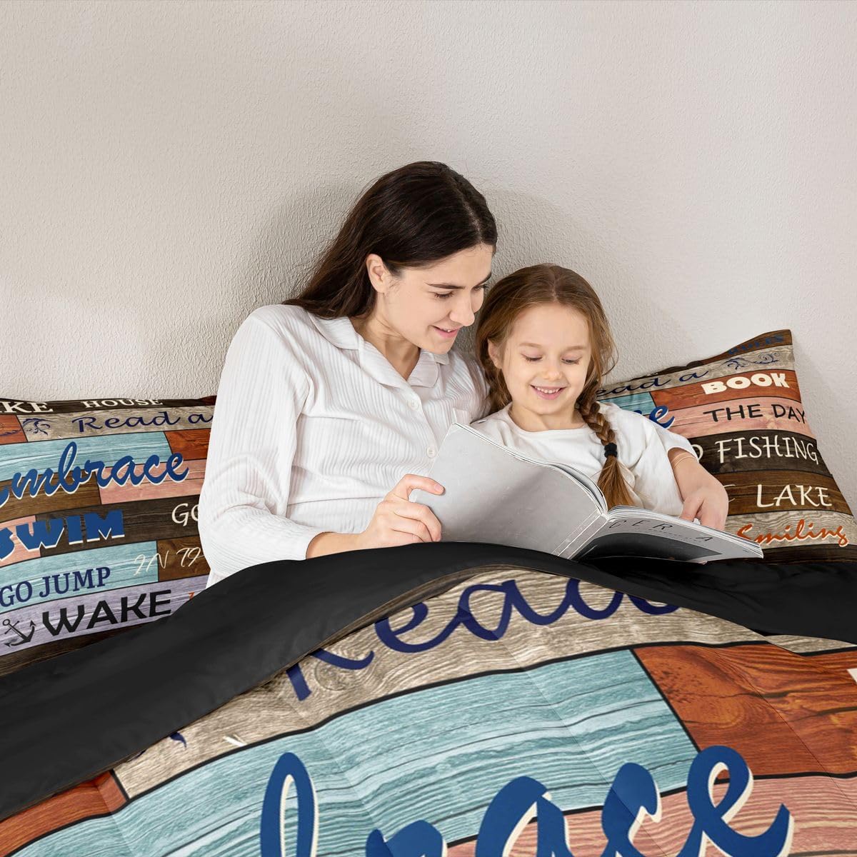 Erosebridal Lake Rules Comforter Set Twin Size, Vintage Wooden Style Bedding Set, Colorful Lake House Down Comforter Gift for Lake Lover, Retro Rustic Farmhouse Quilted Duvet with 1 Pillow Case