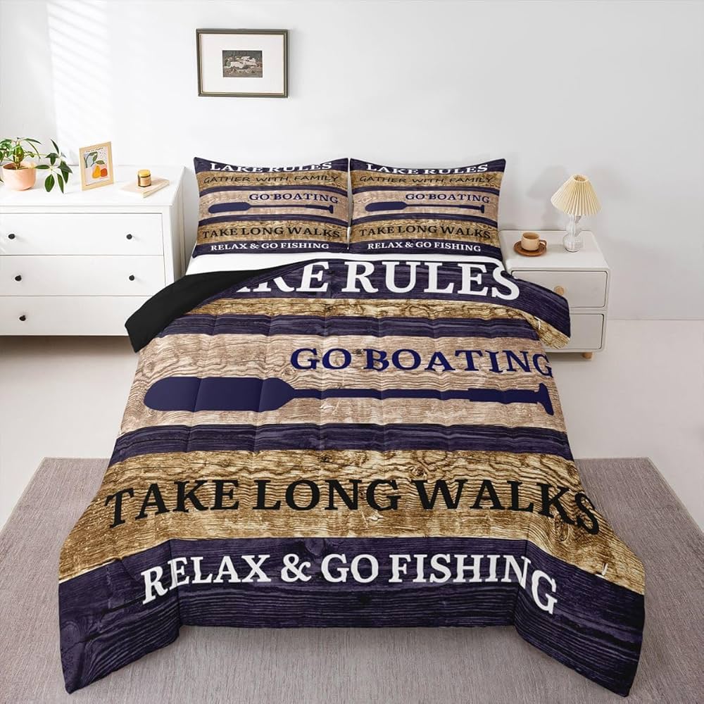 Lake House Comforter Set Queen Size, Paddle Retro Wood Grain Bedding Comforter Sets Retro Rustic Farmhouse Duvet Insert For Kids Teens Adult Women, Go Boating Duvet Sets Lake Cabin Decor, Brown