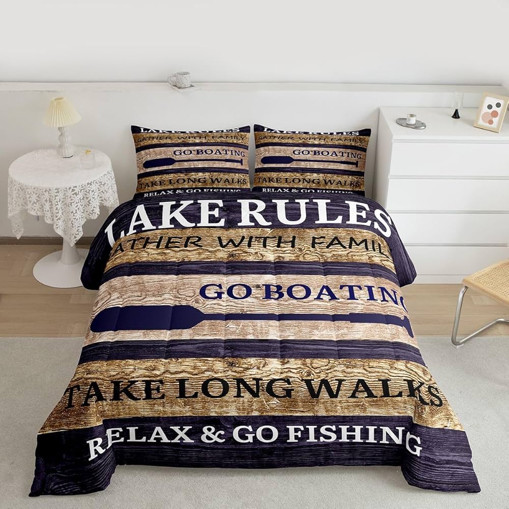 Lake House Comforter Set Queen Size, Paddle Retro Wood Grain Bedding Comforter Sets Retro Rustic Farmhouse Duvet Insert For Kids Teens Adult Women, Go Boating Duvet Sets Lake Cabin Decor, Brown