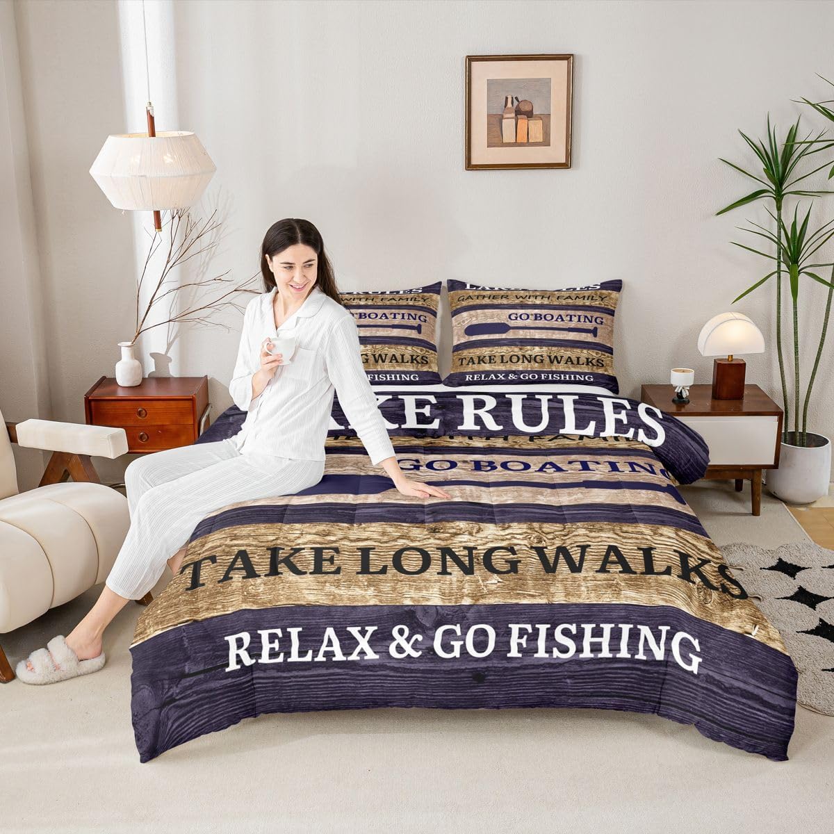 Lake House Comforter Set Queen Size, Paddle Retro Wood Grain Bedding Comforter Sets Retro Rustic Farmhouse Duvet Insert For Kids Teens Adult Women, Go Boating Duvet Sets Lake Cabin Decor, Brown