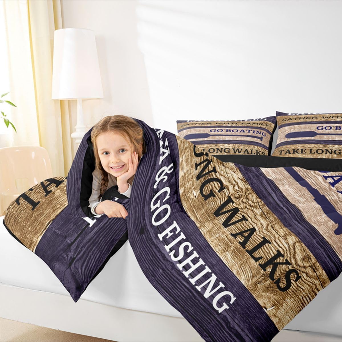 Lake House Comforter Set Queen Size, Paddle Retro Wood Grain Bedding Comforter Sets Retro Rustic Farmhouse Duvet Insert For Kids Teens Adult Women, Go Boating Duvet Sets Lake Cabin Decor, Brown