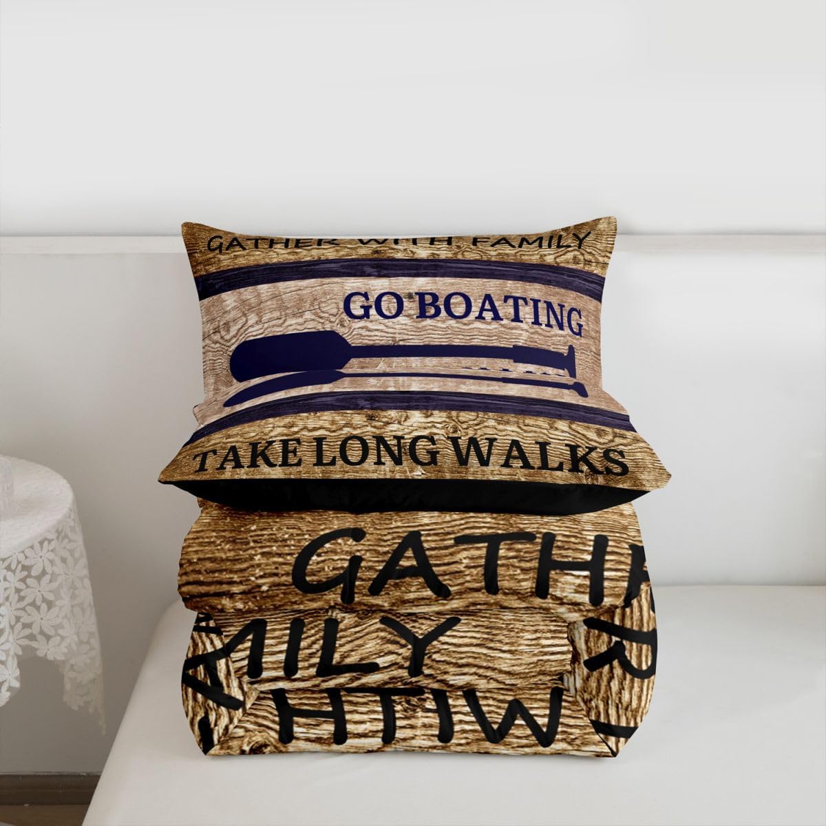 Lake House Comforter Set Queen Size, Paddle Retro Wood Grain Bedding Comforter Sets Retro Rustic Farmhouse Duvet Insert For Kids Teens Adult Women, Go Boating Duvet Sets Lake Cabin Decor, Brown