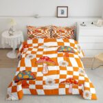 Retro 60s 70s Groovy Flower Comforter Set,Kawaii Mushroom Bedding Set for Girls Women Adult,Cute 1970 Daisy Hippie Quilt Set Twin,Orange White Plaid Checkered Duvet Insert with 1 Pillowcase