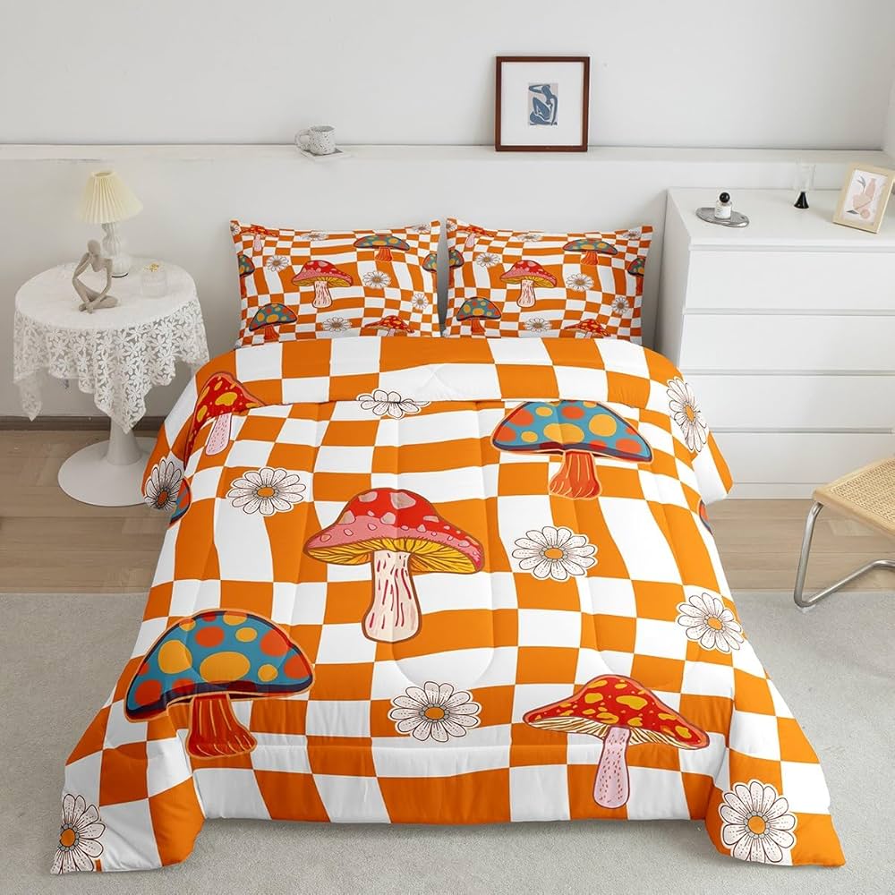 Retro 60s 70s Groovy Flower Comforter Set,Kawaii Mushroom Bedding Set for Girls Women Adult,Cute 1970 Daisy Hippie Quilt Set Twin,Orange White Plaid Checkered Duvet Insert with 1 Pillowcase