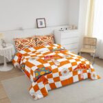Retro 60s 70s Groovy Flower Comforter Set,Kawaii Mushroom Bedding Set for Girls Women Adult,Cute 1970 Daisy Hippie Quilt Set Twin,Orange White Plaid Checkered Duvet Insert with 1 Pillowcase