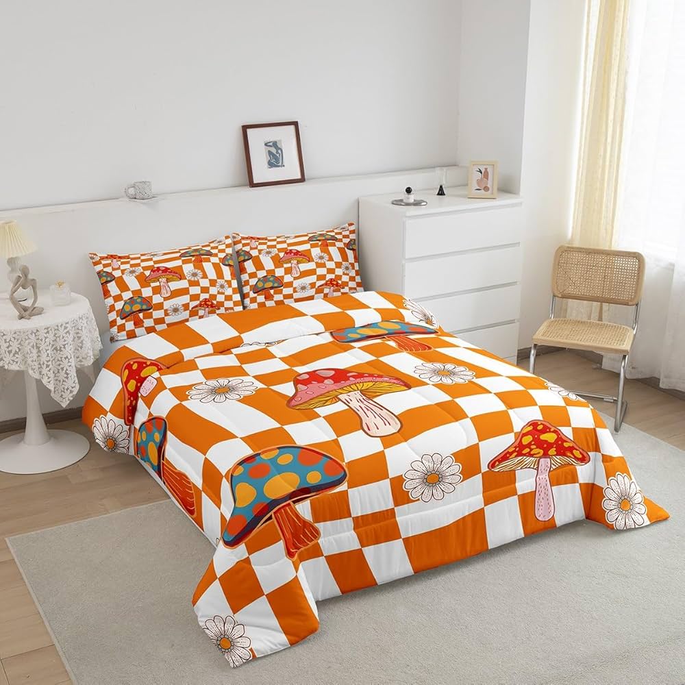 Retro 60s 70s Groovy Flower Comforter Set,Kawaii Mushroom Bedding Set for Girls Women Adult,Cute 1970 Daisy Hippie Quilt Set Twin,Orange White Plaid Checkered Duvet Insert with 1 Pillowcase