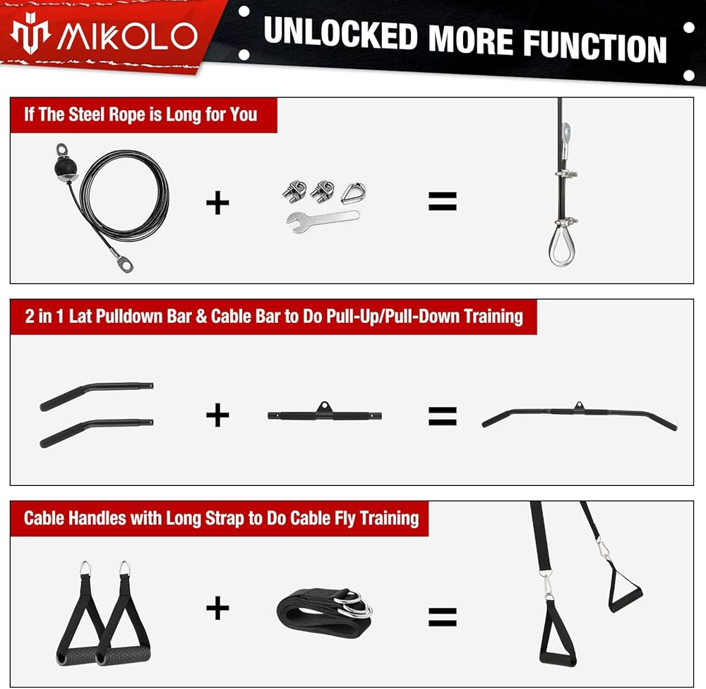 Mikolo Upgraded Weight Lift Pulley System – LAT Pulley Attachments with Adjustable Length Cable for Full Body Training, Home Gym Set