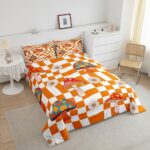 Retro 60s 70s Groovy Flower Comforter Set,Kawaii Mushroom Bedding Set for Girls Women Adult,Cute 1970 Daisy Hippie Quilt Set Twin,Orange White Plaid Checkered Duvet Insert with 1 Pillowcase