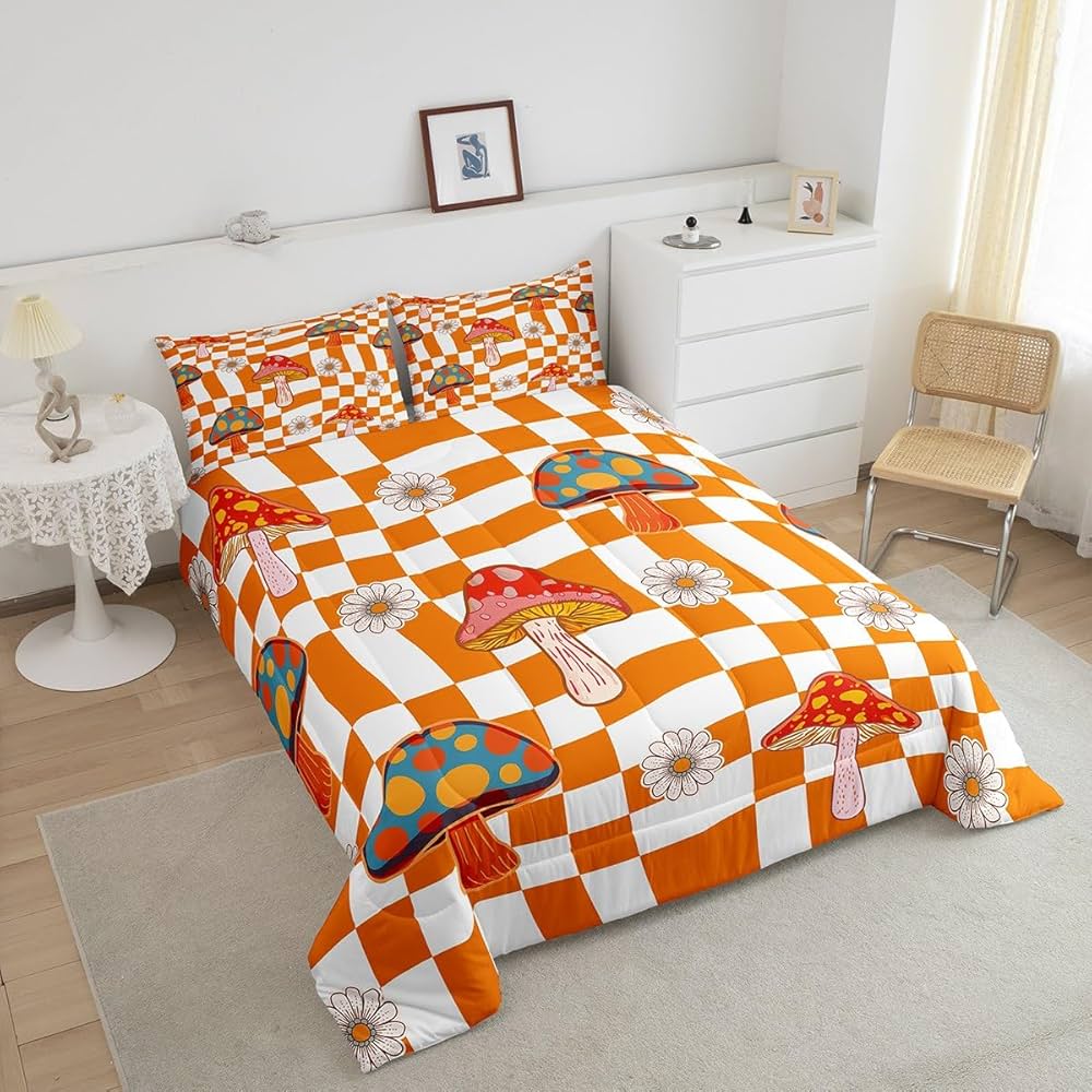Retro 60s 70s Groovy Flower Comforter Set,Kawaii Mushroom Bedding Set for Girls Women Adult,Cute 1970 Daisy Hippie Quilt Set Twin,Orange White Plaid Checkered Duvet Insert with 1 Pillowcase