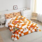 Retro 60s 70s Groovy Flower Comforter Set,Kawaii Mushroom Bedding Set for Girls Women Adult,Cute 1970 Daisy Hippie Quilt Set Twin,Orange White Plaid Checkered Duvet Insert with 1 Pillowcase