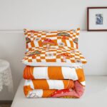 Retro 60s 70s Groovy Flower Comforter Set,Kawaii Mushroom Bedding Set for Girls Women Adult,Cute 1970 Daisy Hippie Quilt Set Twin,Orange White Plaid Checkered Duvet Insert with 1 Pillowcase