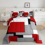 Erosebridal Red Grey Black White Comforter Set for Women Men,3D Modern Square Bedding Set Full Size,Geometric Quilt Set,Square Grid Patchwork Down Comforter with 2 Pillowcases Ultra Soft