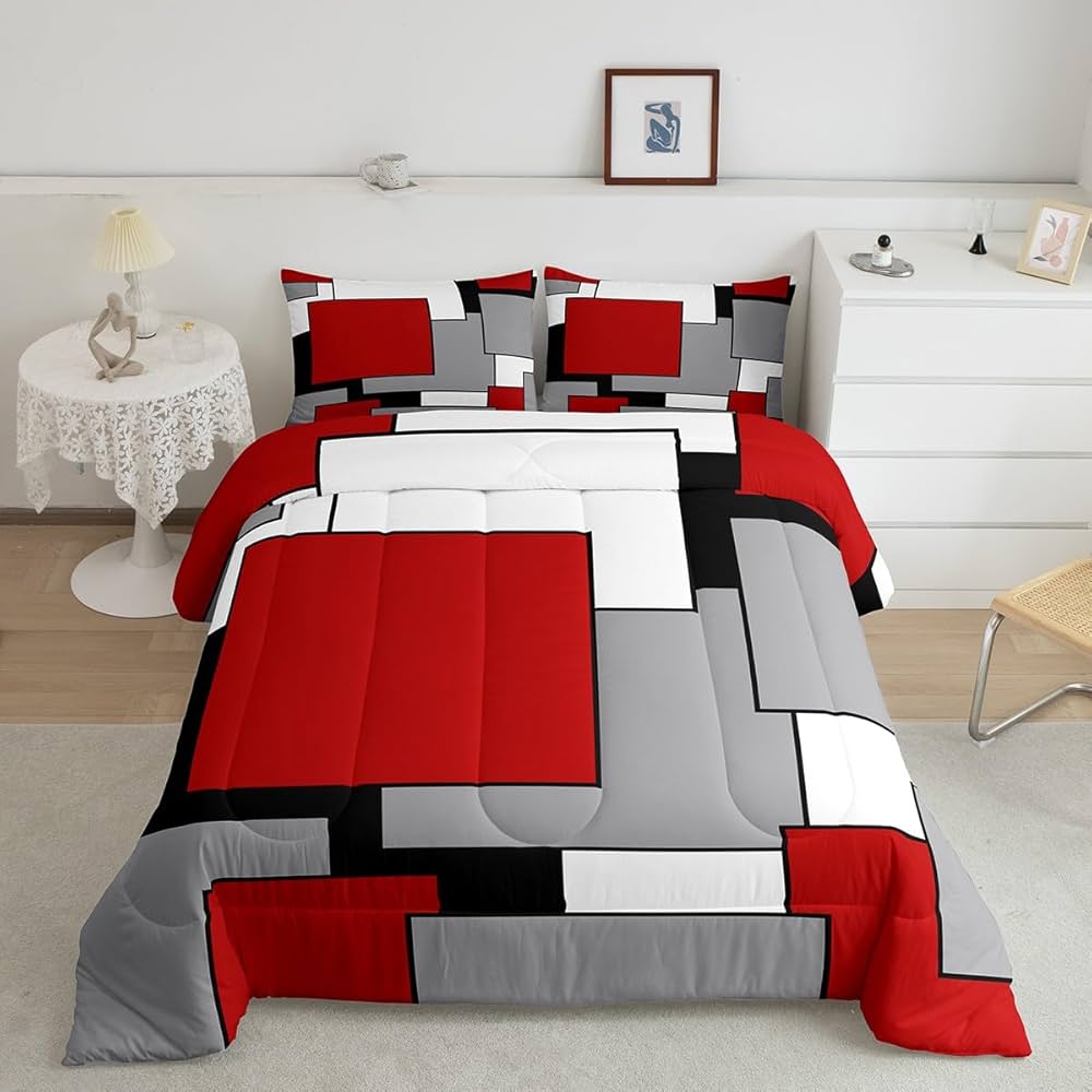 Erosebridal Red Grey Black White Comforter Set for Women Men,3D Modern Square Bedding Set Full Size,Geometric Quilt Set,Square Grid Patchwork Down Comforter with 2 Pillowcases Ultra Soft