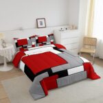 Erosebridal Red Grey Black White Comforter Set for Women Men,3D Modern Square Bedding Set Full Size,Geometric Quilt Set,Square Grid Patchwork Down Comforter with 2 Pillowcases Ultra Soft