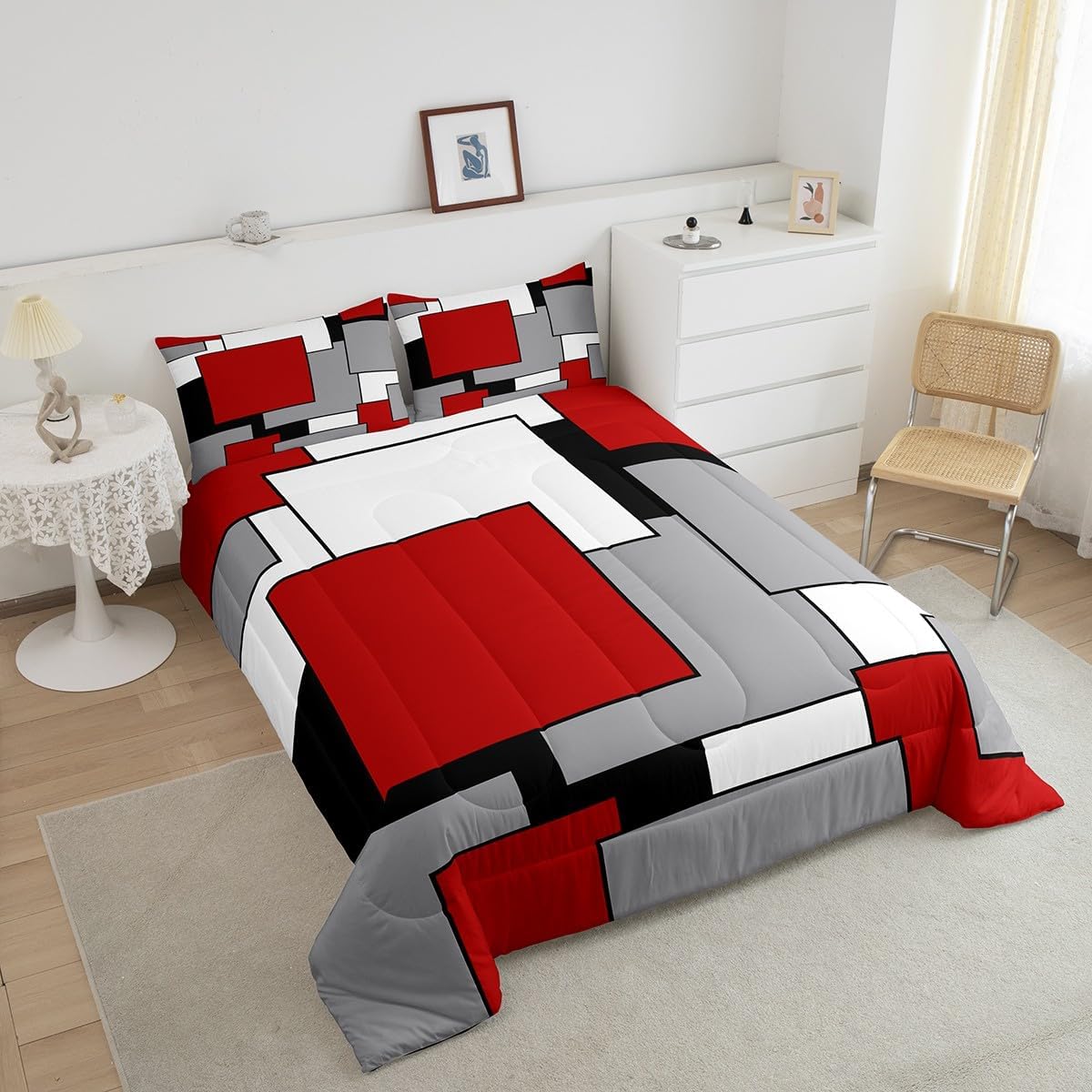 Erosebridal Red Grey Black White Comforter Set for Women Men,3D Modern Square Bedding Set Full Size,Geometric Quilt Set,Square Grid Patchwork Down Comforter with 2 Pillowcases Ultra Soft