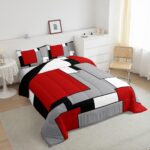 Erosebridal Red Grey Black White Comforter Set for Women Men,3D Modern Square Bedding Set Full Size,Geometric Quilt Set,Square Grid Patchwork Down Comforter with 2 Pillowcases Ultra Soft