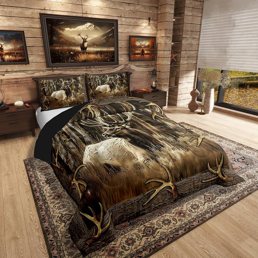 Erosebridal Rustic Deer Comforter Set for Cabin Lodge Vintage Elk Moose Antlers Bedding Set Twin Size Farmhouse Woodland Quilt Hunting Animal Duvet Insert with 1 Pillowcase Home Room Decor