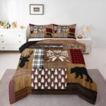 Retro Cabin Comforter Set Rustic Adventure Bear Deer Bedding Set Hunting Wildlife Wild Animal Duvet Insert Plaid Lodge Farmhouse Down Comforter Western Country Comforter + 2 Pillow Cases, Queen Size