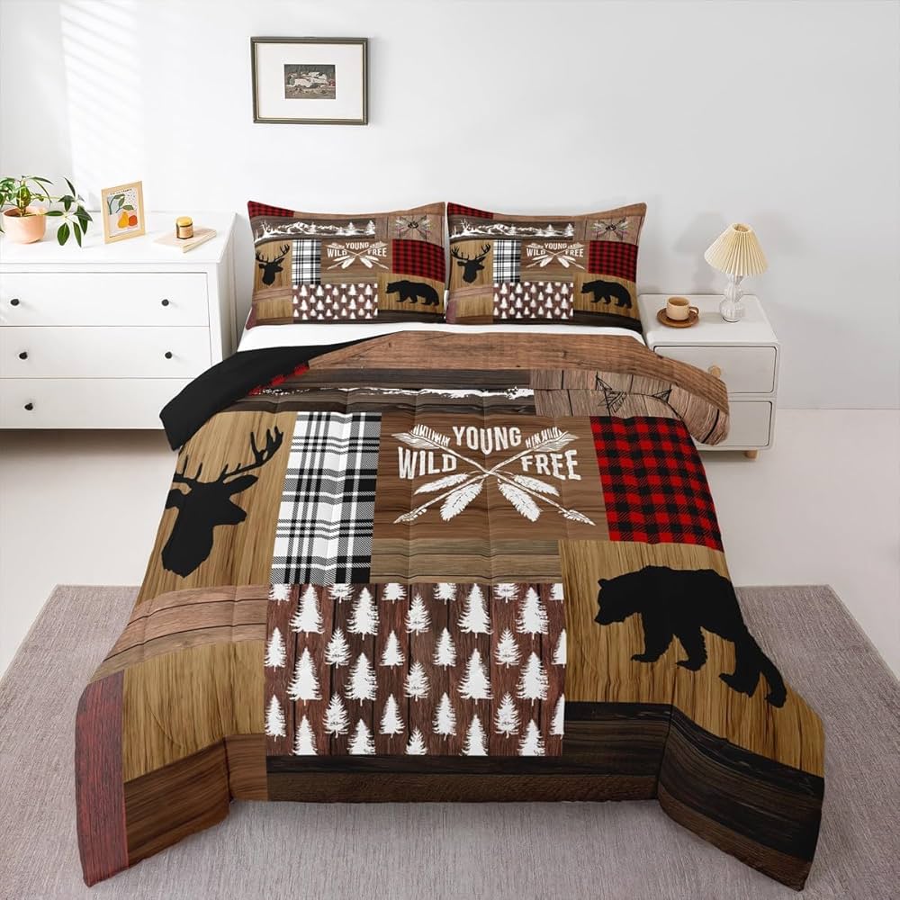 Retro Cabin Comforter Set Rustic Adventure Bear Deer Bedding Set Hunting Wildlife Wild Animal Duvet Insert Plaid Lodge Farmhouse Down Comforter Western Country Comforter + 2 Pillow Cases, Queen Size