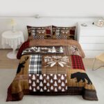 Retro Cabin Comforter Set Rustic Adventure Bear Deer Bedding Set Hunting Wildlife Wild Animal Duvet Insert Plaid Lodge Farmhouse Down Comforter Western Country Comforter + 2 Pillow Cases, Queen Size