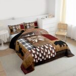 Retro Cabin Comforter Set Rustic Adventure Bear Deer Bedding Set Hunting Wildlife Wild Animal Duvet Insert Plaid Lodge Farmhouse Down Comforter Western Country Comforter + 2 Pillow Cases, Queen Size