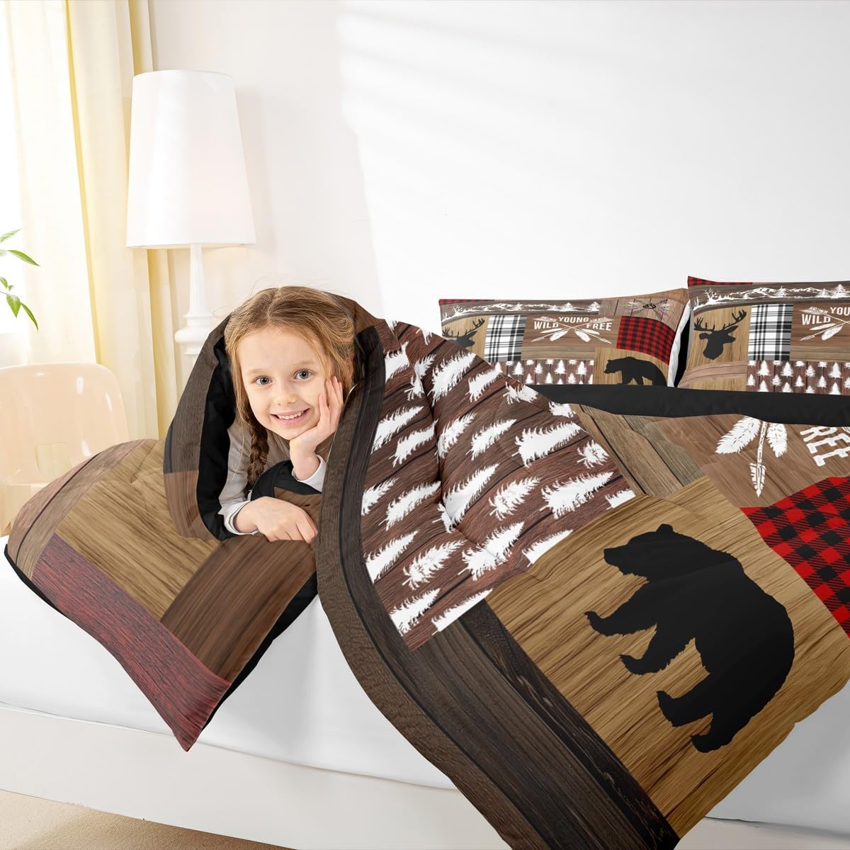 Retro Cabin Comforter Set Rustic Adventure Bear Deer Bedding Set Hunting Wildlife Wild Animal Duvet Insert Plaid Lodge Farmhouse Down Comforter Western Country Comforter + 2 Pillow Cases, Queen Size