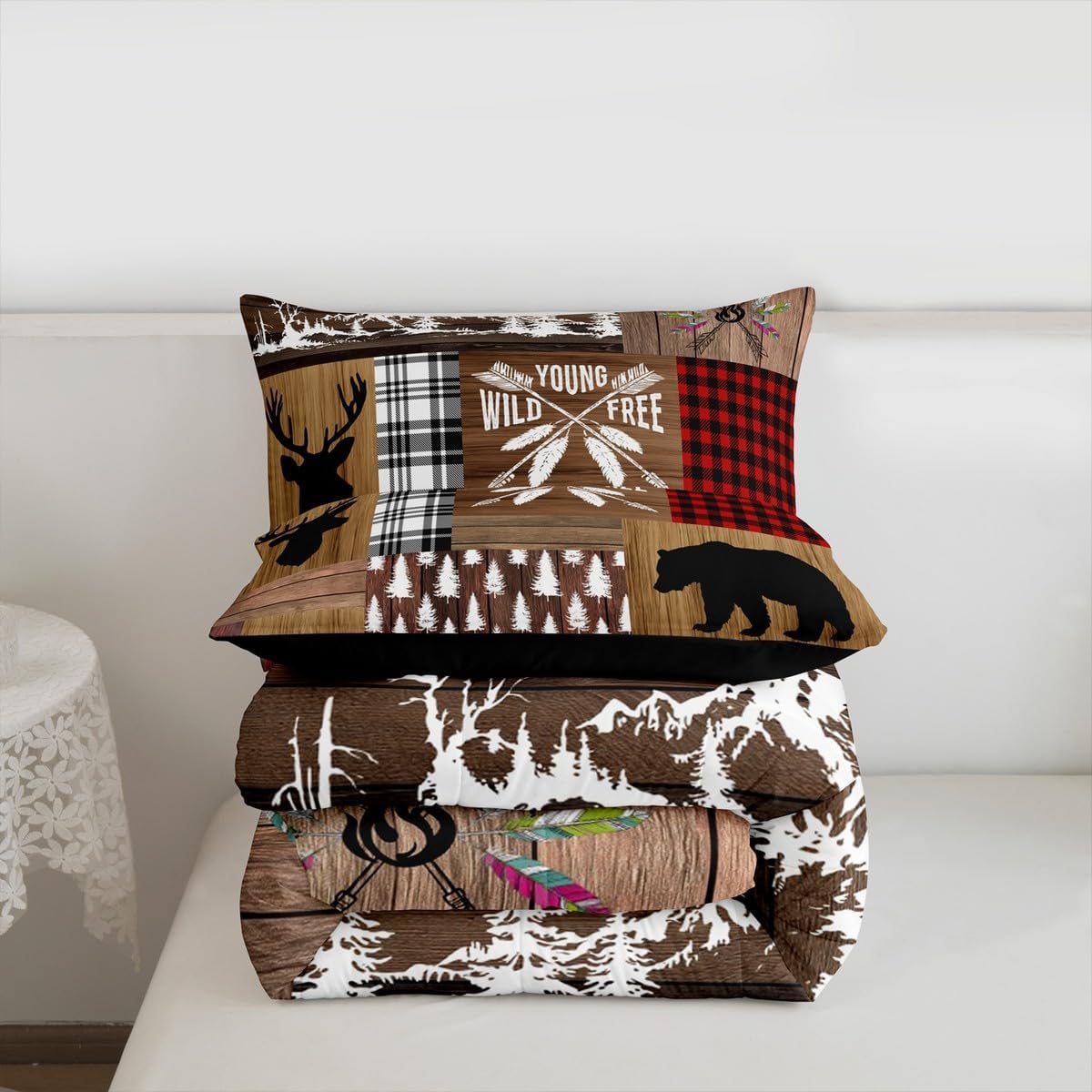 Retro Cabin Comforter Set Rustic Adventure Bear Deer Bedding Set Hunting Wildlife Wild Animal Duvet Insert Plaid Lodge Farmhouse Down Comforter Western Country Comforter + 2 Pillow Cases, Queen Size