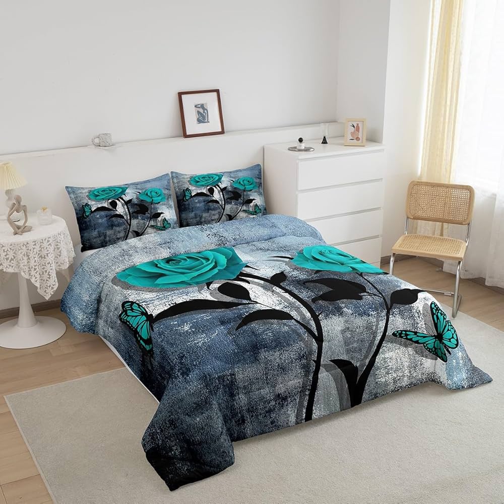 Romantic Rose Comforter Sets Queen,Grunge Navy Blue Ombre Duvet Insert for Adult Room Decor,Vintage Watercolor Artwork Bedding Set Warm,Oil Painting Butterfly Floral Quilt Comforter with 2 Pillowcases