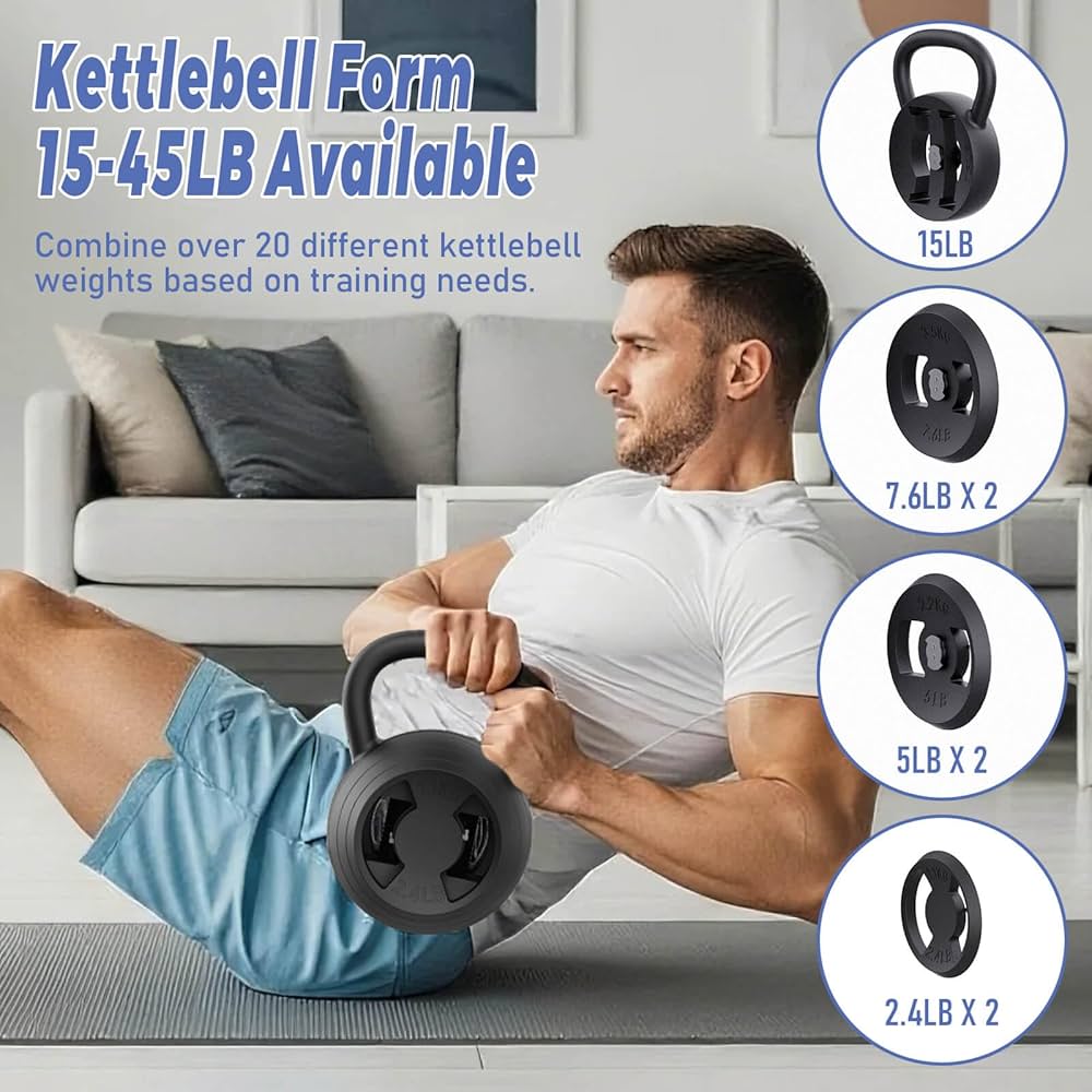 2-in-1 Adjustable Kettlebell Sets, 15-45LB Kettle bells Weights Set Used as Adjustable Dumbbell for Men/Women Home Gym Strength Training