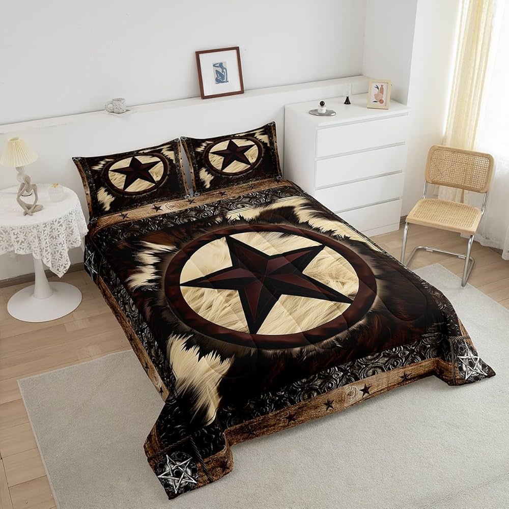 Rustic Cow Print Bedding Sets Queen,Vintage Western Texas Star Comforter Set for Women Men,Cowhide Bull Cattle Fur Duvet Insert Home Room Decor,Farm Animal Down Comforter with 2 Pillow Shams Warm