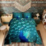 Erosebridal Peacock Bedding Set Twin Size Teal Cute Animal Pattern Comforter Set Peacock Feather Printed Decor Duvet Filler Adult Women Soft Duvet Stuffing
