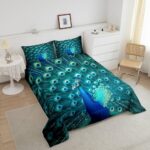 Erosebridal Peacock Bedding Set Twin Size Teal Cute Animal Pattern Comforter Set Peacock Feather Printed Decor Duvet Filler Adult Women Soft Duvet Stuffing