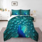Erosebridal Peacock Bedding Set Twin Size Teal Cute Animal Pattern Comforter Set Peacock Feather Printed Decor Duvet Filler Adult Women Soft Duvet Stuffing