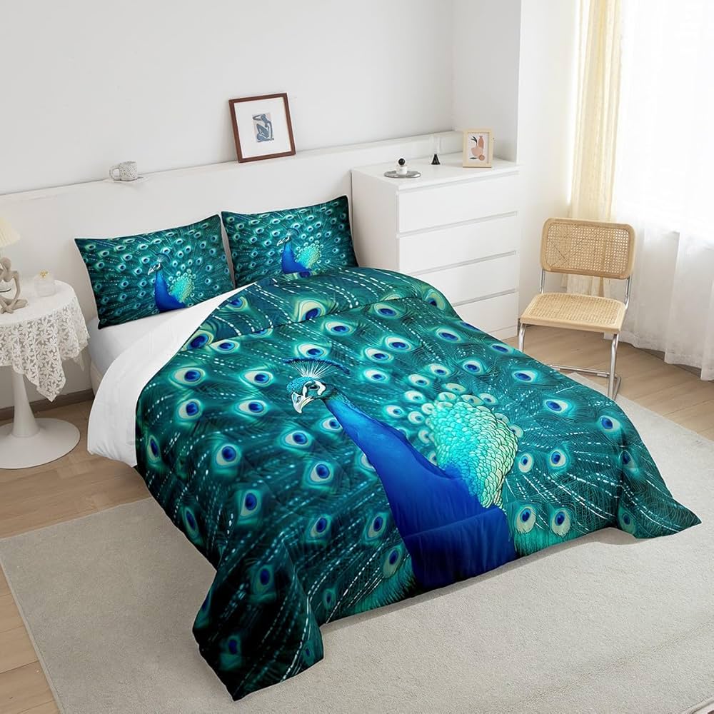 Erosebridal Peacock Bedding Set Twin Size Teal Cute Animal Pattern Comforter Set Peacock Feather Printed Decor Duvet Filler Adult Women Soft Duvet Stuffing