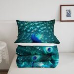 Erosebridal Peacock Bedding Set Twin Size Teal Cute Animal Pattern Comforter Set Peacock Feather Printed Decor Duvet Filler Adult Women Soft Duvet Stuffing