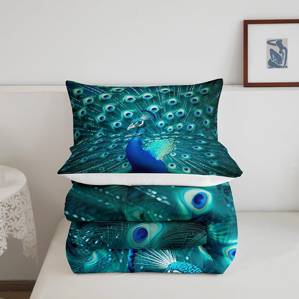 Erosebridal Peacock Bedding Set Twin Size Teal Cute Animal Pattern Comforter Set Peacock Feather Printed Decor Duvet Filler Adult Women Soft Duvet Stuffing