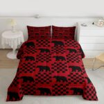 Feelyou Bear Bedding Set Twin Christmas Theme Buffalo Check Comforter Set for Women Men Teens Red Black Plaid Wild Animal Bear Comforter Farmhouse Grid Bedding Duvet Set Bedroom Decor Quilted 2Pcs