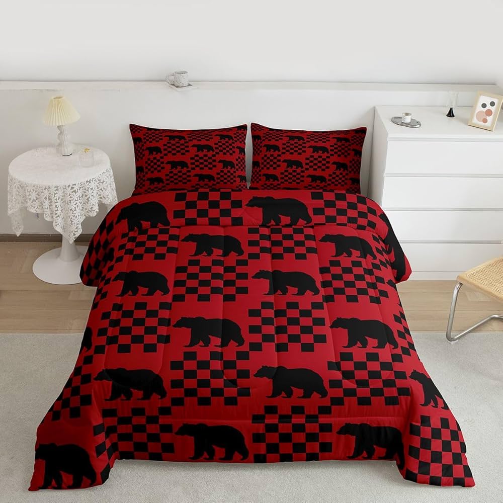 Feelyou Bear Bedding Set Twin Christmas Theme Buffalo Check Comforter Set for Women Men Teens Red Black Plaid Wild Animal Bear Comforter Farmhouse Grid Bedding Duvet Set Bedroom Decor Quilted 2Pcs