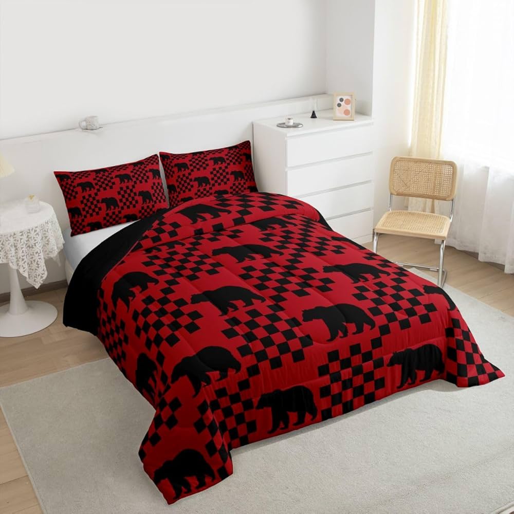Feelyou Bear Bedding Set Twin Christmas Theme Buffalo Check Comforter Set for Women Men Teens Red Black Plaid Wild Animal Bear Comforter Farmhouse Grid Bedding Duvet Set Bedroom Decor Quilted 2Pcs