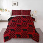 Feelyou Bear Bedding Set Twin Christmas Theme Buffalo Check Comforter Set for Women Men Teens Red Black Plaid Wild Animal Bear Comforter Farmhouse Grid Bedding Duvet Set Bedroom Decor Quilted 2Pcs