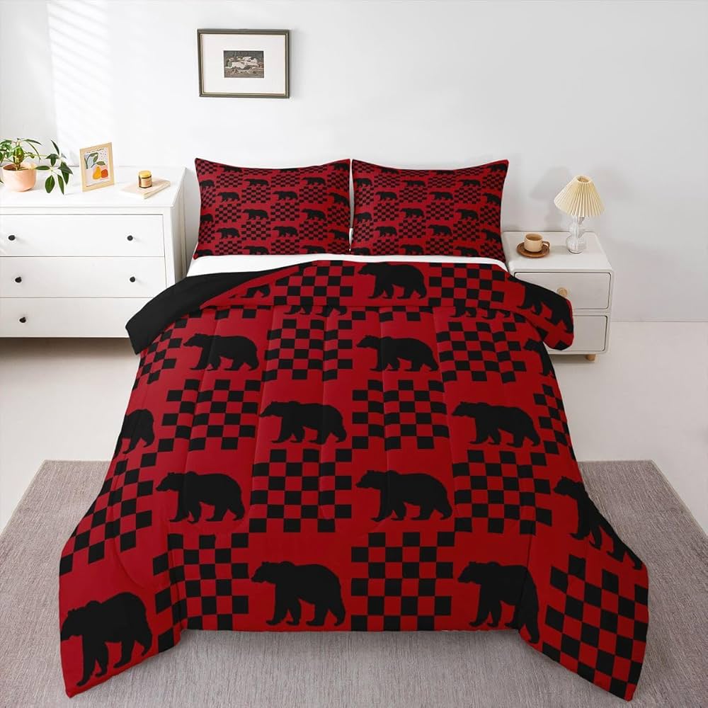 Feelyou Bear Bedding Set Twin Christmas Theme Buffalo Check Comforter Set for Women Men Teens Red Black Plaid Wild Animal Bear Comforter Farmhouse Grid Bedding Duvet Set Bedroom Decor Quilted 2Pcs