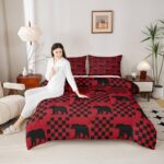 Feelyou Bear Bedding Set Twin Christmas Theme Buffalo Check Comforter Set for Women Men Teens Red Black Plaid Wild Animal Bear Comforter Farmhouse Grid Bedding Duvet Set Bedroom Decor Quilted 2Pcs