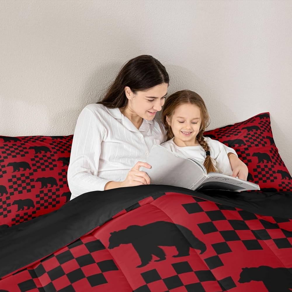 Feelyou Bear Bedding Set Twin Christmas Theme Buffalo Check Comforter Set for Women Men Teens Red Black Plaid Wild Animal Bear Comforter Farmhouse Grid Bedding Duvet Set Bedroom Decor Quilted 2Pcs