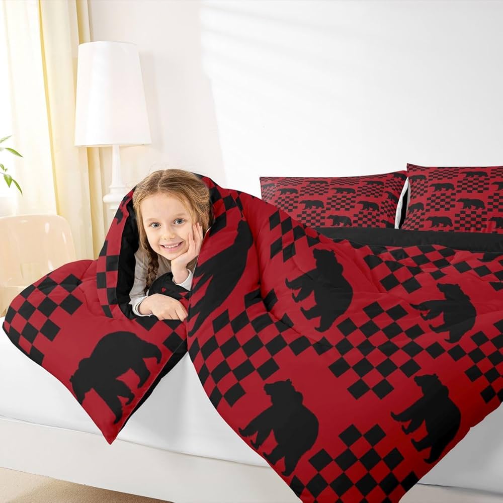 Feelyou Bear Bedding Set Twin Christmas Theme Buffalo Check Comforter Set for Women Men Teens Red Black Plaid Wild Animal Bear Comforter Farmhouse Grid Bedding Duvet Set Bedroom Decor Quilted 2Pcs